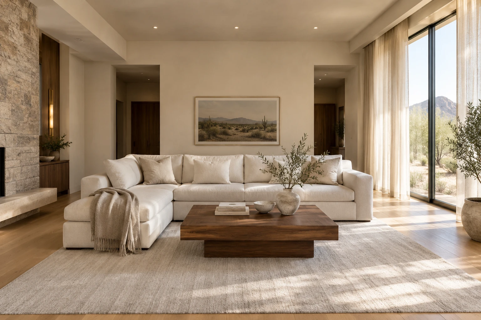 Living room with a cream sectional, a walnut coffee table and a wool rug, with desert light through the windows